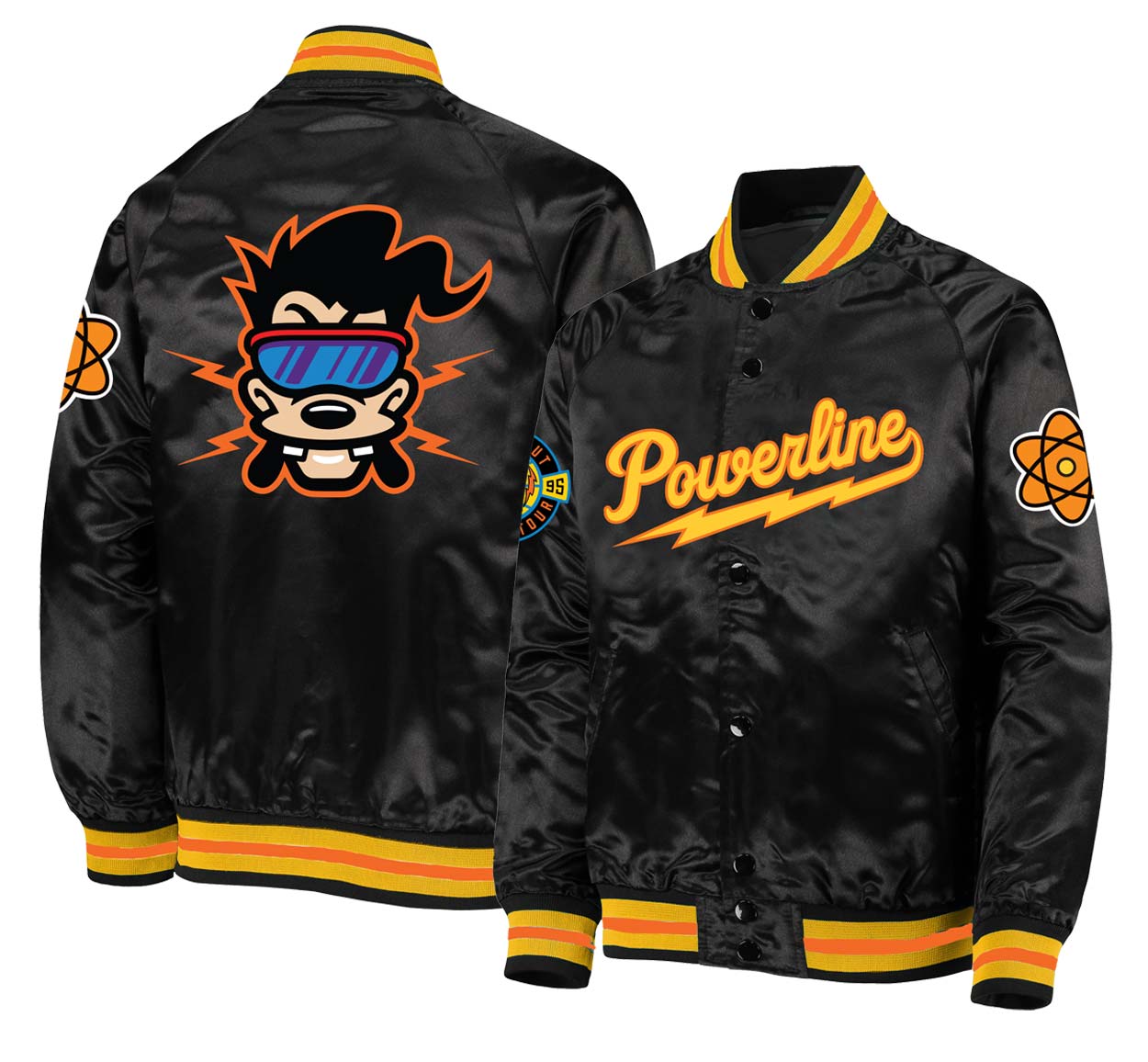 Black Satin Baseball Jacket with Yellow Pockets and Knit Lines